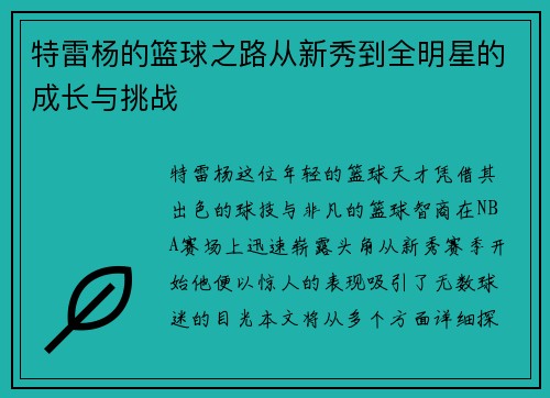 特雷杨的篮球之路从新秀到全明星的成长与挑战